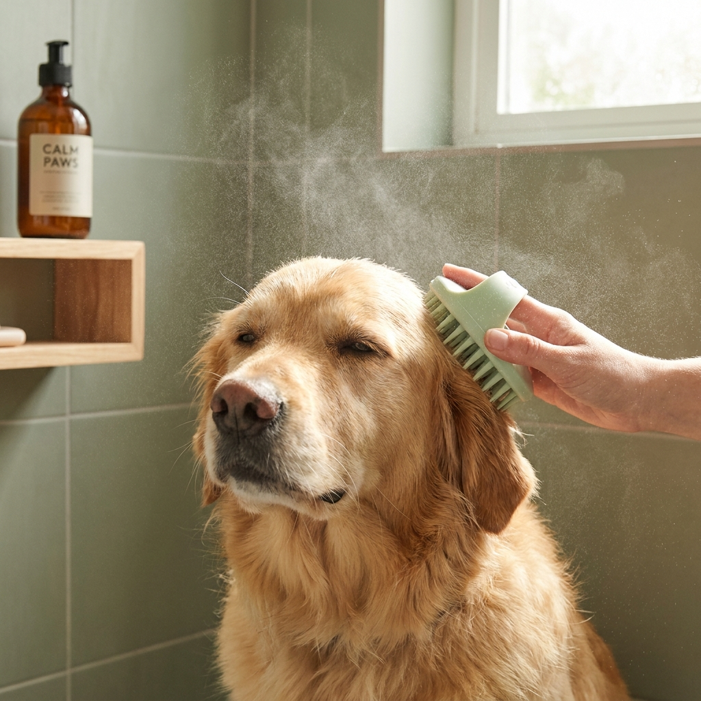 Dog being groomed with a misting steam brush